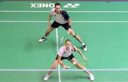 Christinna Pedersen and partner Rasmus Bonde-Nissen in offensive badminton formation.